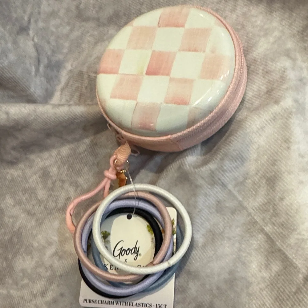 Mackenzie Childs Goody Pastel Checker Round Pouch‎ with Hair Elastics